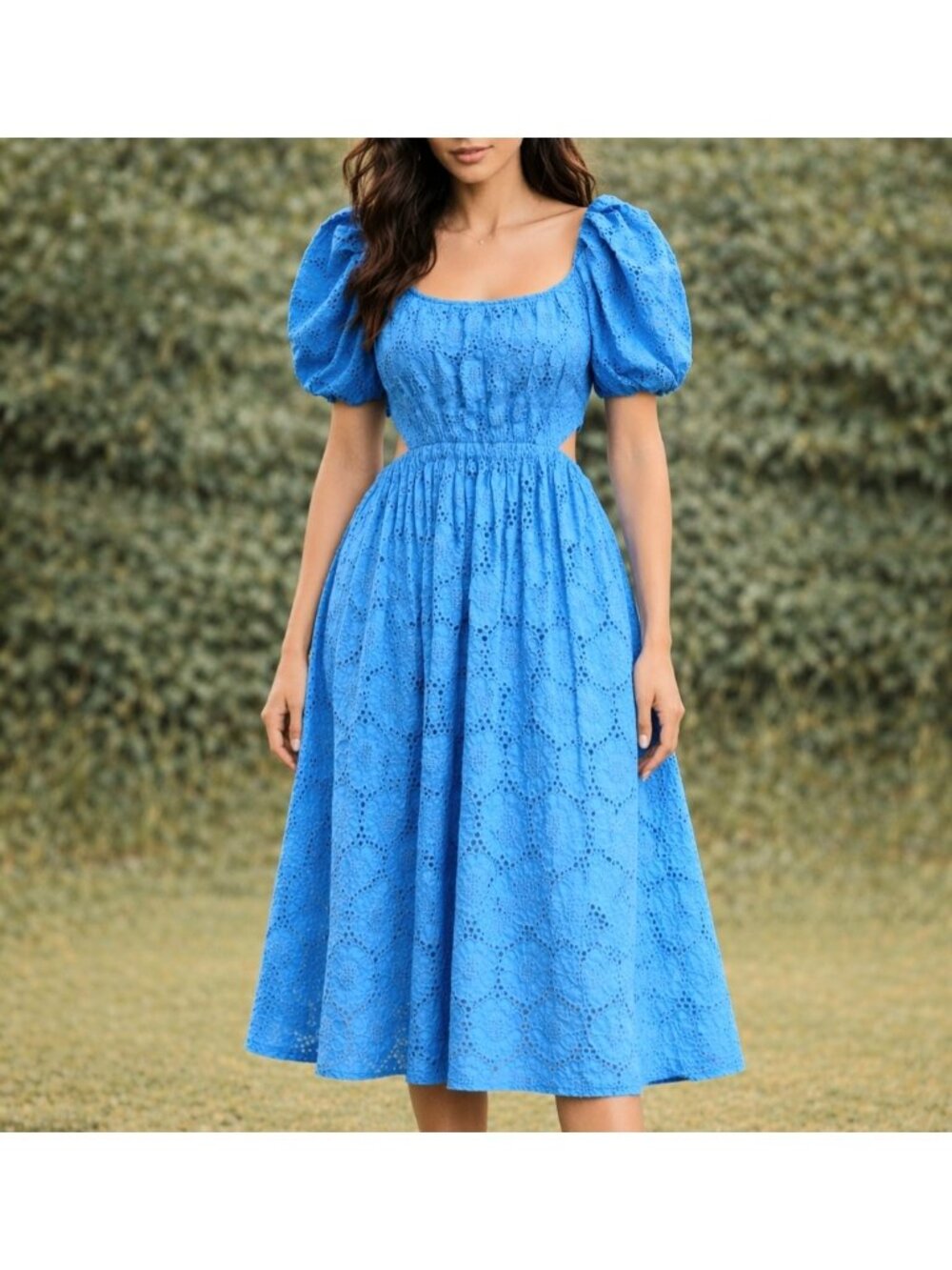 Tanya Taylor Size 4 Blue‎ Eyelet Midi Dress Puff Sleeve Cutout Waist Embroidered